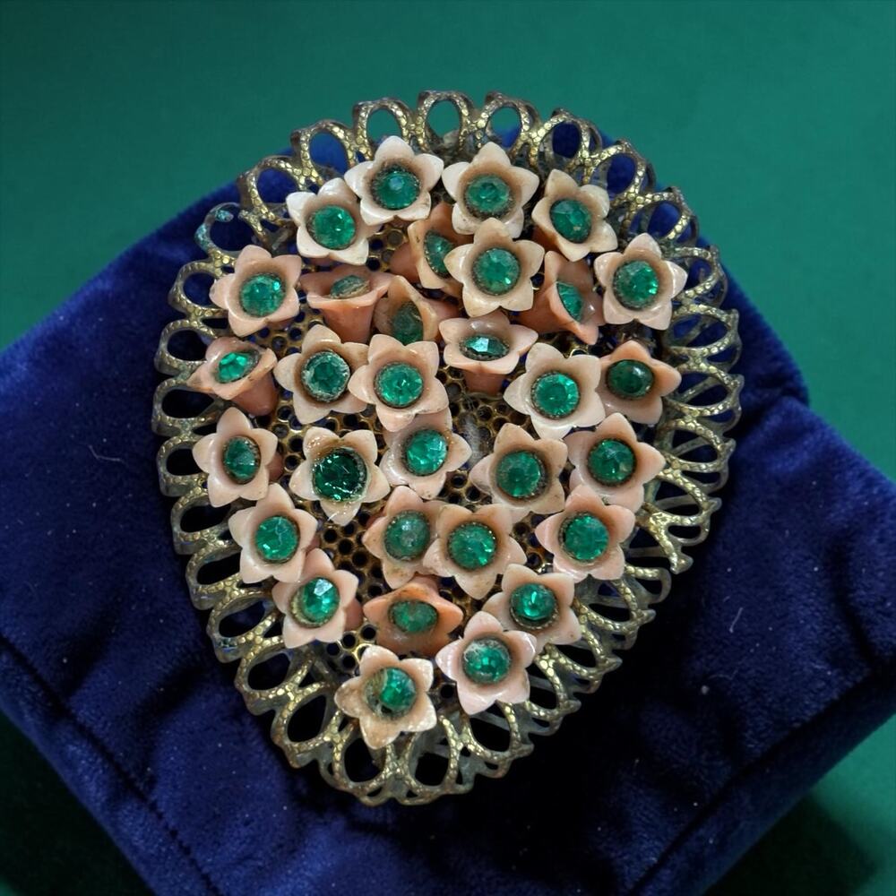 Vintage Flower Bouquet Dress Clip Emerald Green Rhinestone Filigree Garden Party